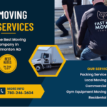 Fast Kats Moving Edmonton movers carrying furniture into a home with moving truck and list of residential, commercial, packing, and gym equipment moving services in Edmonton AB.